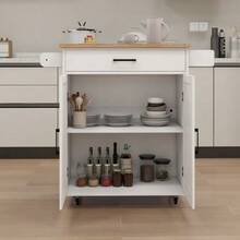 Kitchen Trolley With Wheels, Adjustable Shelves, Towel Rack And Spice Rack, Rubberwood Tabletop - White - White - View 6