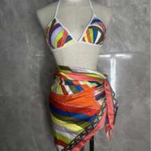 Women's Colorful Striped Triangle Bikini Set With Tie Back And Side Straps For Beach Vacation - Burnt Orange - View 6
