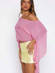 Women Chiffon Poncho Tops Fashion Solid Color Off One Shoulder Loose Fit Summer Cover Up Shawl Blouse - 粉色 - 查看 3