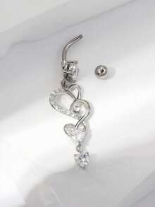 1pc Gold-Plated Copper Long Belly Button Ring With Zirconia Heart Shape Detail, Suitable As Valentine Halloween Christmas Easter Gift, Bar Party Beach Party Birthday Gift Or For Daily Wear For Women Valentines,Mom,Mother,Mother's Day,Gift - 銀色 - 查看 3
