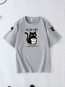 猫咪喝茶图案圆领休闲短袖T恤，大码女款夏季时尚，适合夏季度假、海滩、节日、春季、情人节、狂欢节、母亲节等场合。 - 淺灰色 - 查看 2
