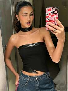 Kliou PU Patchwork Halter Crop Tube Top Women's With Asymmetrical Hem Backless Sleeveless Top For Party Clubwear Summer Vacation Strapless Tops Black - Black - View 2