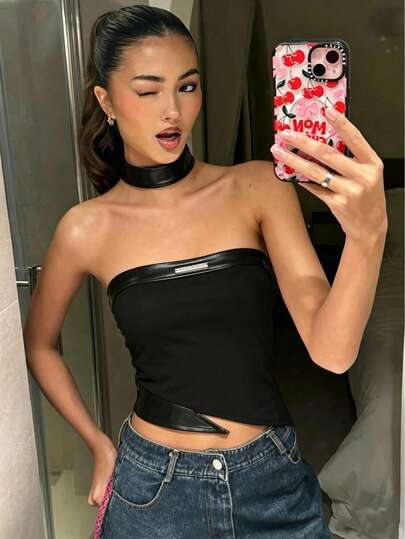 Áo croptop không tay cổ yếm phối da PU Kliou dành cho nữ, kiểu dáng bất đối xứng, thích hợp cho tiệc tùng, đi club, kỳ nghỉ hè.