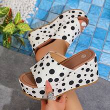 2026 Women's Sandals, White & Black Polka Dot Platform Wedge Heels, Fashionable Round Toe Slip-On Elevated Comfortable Sandals, Suitable For Spring/Summer Casual, Party, Pair With Dresses - White - View 15