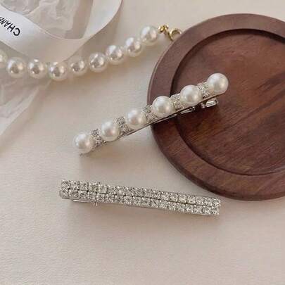 2pcs Shiny Cubic Zirconia & Faux Pearl Elegant Cute Hair Clips, Versatile Barrettes For Daily Wear, Commute, Gift, Suitable For Spring, Summer, Autumn, Winter