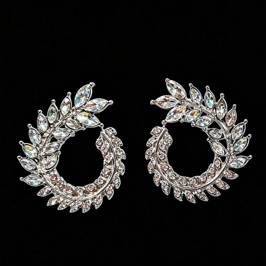 新款时尚夸张锆石耳环，精致时尚，树叶旋转设计，适合街拍 - 銀色 - 查看 1