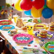 72 platos de papel para fiesta de superhéroes temáticos, platos de postre Hero Boom de 7 pulgadas, juego de vajilla desechable colorido para niños y niñas, cumpleaños y baby shower - Juego retro - Ver 11