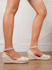 女士厚底坡跟一脚蹬鞋，女士坡跟厚底凉鞋，简约踝带草编鞋，人造革坡跟凉鞋，夏季度假米色透气网眼弹力踝带鞋，舒适编织镂空草编鞋，尺码34-43（大码/小码女鞋），女士高跟鞋，女士高跟凉鞋，女士高跟鞋，优雅女鞋 - 杏色 - 查看 9