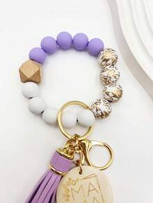 1pc Printed Wooden Bead Bracelet Wristlet Keychain, MAMA Creative Beaded Tassel Keyring, Bag Charm Accessory, Women Keychain Gift For Friends & Family - 613-purple - View 3