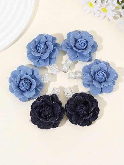 6个花朵布艺发夹，仿珍珠装饰牛仔山茶花鳄鱼夹，简约风格蓝色布艺发夹，适合春夏度假及日常休闲佩戴，旅行必备，自然风头饰，青少年发饰