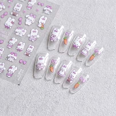 1张可爱兔子动物美甲贴纸，蝴蝶结和爱心系列，适合女孩和美甲师DIY