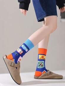 1 Pair Unisex Assorted Color Asymmetric Design Novelty Cartoon Crew Socks - Multicolor - View 5