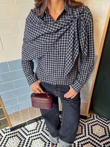 Women's Elegant Plaid Triangular Scarf, Casual Shirt Retro Single-Breasted Long Sleeve Women's Casual Shirt For Street Wear Spring - Blue - View 3