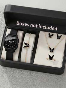 6 pezzi Set di orologi da donna alla moda e casual, minimalisti, con quadrante quadrato e quarzo, con braccialetto, collana, anello e orecchini a farfalla. Adatto come regalo per compleanni, festività, feste, vacanze, lauree e celebrazioni delle donne. Accessori perfetti per l'uso quotidiano. Regalo ideale per San Valentino/Festa della Mamma - Multicolore - Visualizzare 11