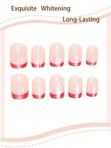 48pcs Square & Almond Minimalist Red Cat Eye French Nail Stickers Full Cover False Nails Set, Suitable For Women & Girls, Includes Adhesive Stickers & Mini Nail File, Solid Color For DIY Wear, Suitable For Dates & Daily Use, Removable Toe Nail Stickers - Red - View 2