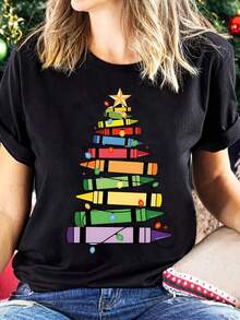 Christmas Themed Design With Christmas Tree And Colorful Elements Like Stars And Pencils, Printed On A Women's Crew Neck T-Shirt For Spring And Summer-X - Black - View 1