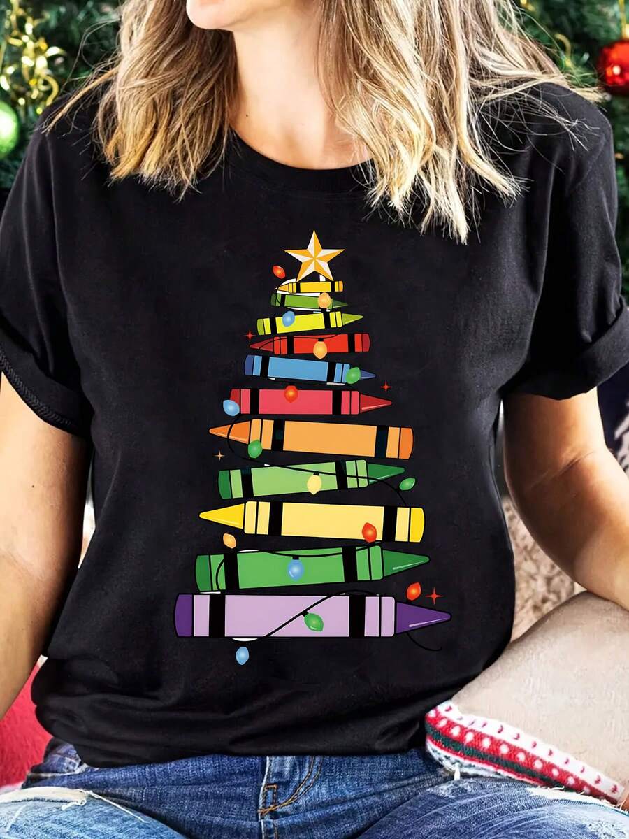Christmas Themed Design With Christmas Tree And Colorful Elements Like Stars And Pencils, Printed On A Women's Crew Neck T-Shirt For Spring And Summer-X - Black - View 1