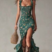 Women's Floral Print Ruffle Strap Maxi Dress, Smocked Bodycon Split Thigh Dress For Vacation - Printed Colors - View 3