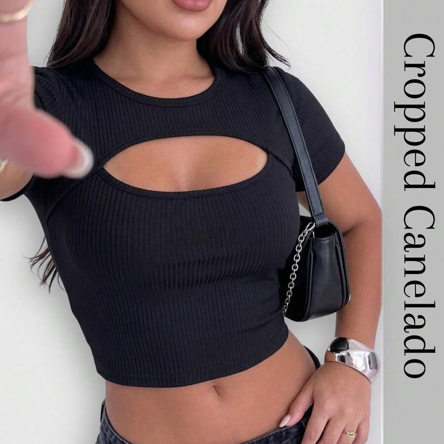 Cropped Plus Size Hollow Neckline Comfort And Elegance - Black - View 1