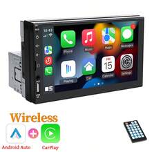 Reproductor de coche MP5 de un solo DIN, compatible con CarPlay inalámbrico y Android Auto, pantalla táctil HD de 7 pulgadas, Bluetooth, estéreo, alimentación de 12V, radio FM, interfaz ISO, entrada AUX, ranura para tarjeta SD, puerto USB, con/sin cámara - Negro - Ver 14