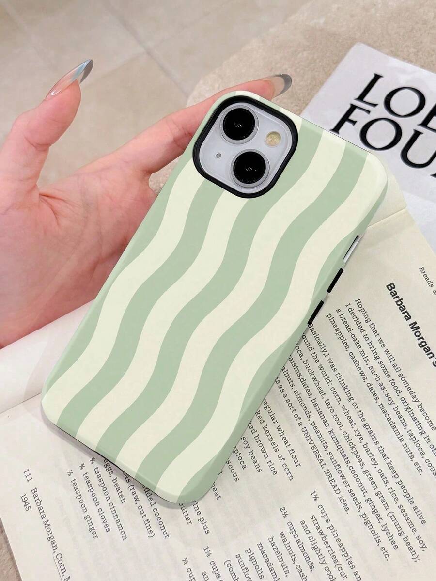 1pc Minimalist Fresh Wavy Striped Perforated Glossy Double-Sided Phone Case, Suitable Compatible With Apple 11/12/13/14/15/16 Pro Max - Green - View 1