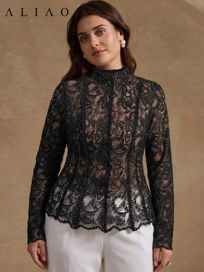 Áo kiểu ALIAO Xuân/Hè thanh lịch thêu họa tiết Paisley, chất liệu lưới phối ren satin móc, phù hợp cho công sở, kỳ nghỉ, mùa cưới, trang phục nữ gợi cảm.