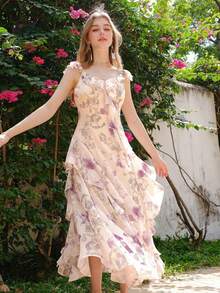 Đầm dạ hội trang trọng, thanh lịch, họa tiết lá và hoa khắp thân váy theo phong cách Bohemian, thích hợp cho kỳ nghỉ. - Nhiều màu - Xem 3