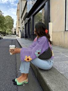 Plus Size 2026 Autumn/Winter Soft Wool Knit Sweater, Slouchy Cardigan With Colorful Floral Embroidery - Purple - View 3