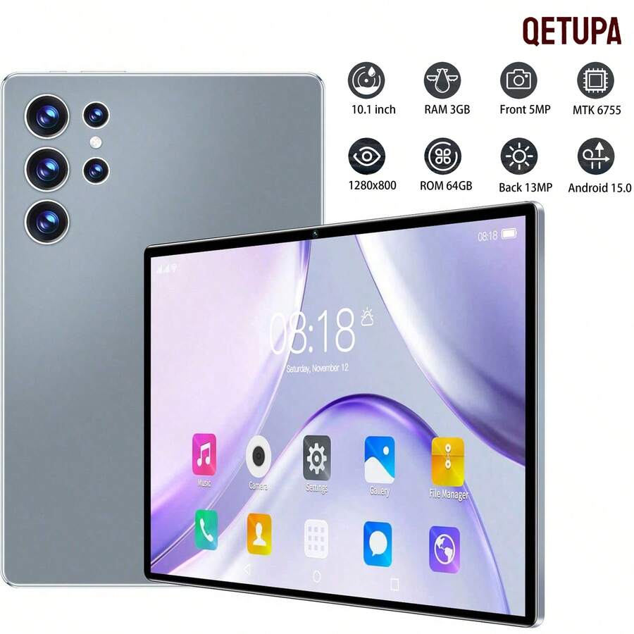 Qetupa 10.1" Android 15 Tablet,Z50 3GB RAM+64GB ROM,MTK 6755 Octa-Core 1.8GHZ Processor,HD(1280x800) IPS Touch Screen,BT 5.2&802.11ac WiFi5,GPS,5MP Front Camera&13MP Rear Camera,6000mAh Large Battery,(No Support SIM Cardand NO Adaptador) - Grey - View 1