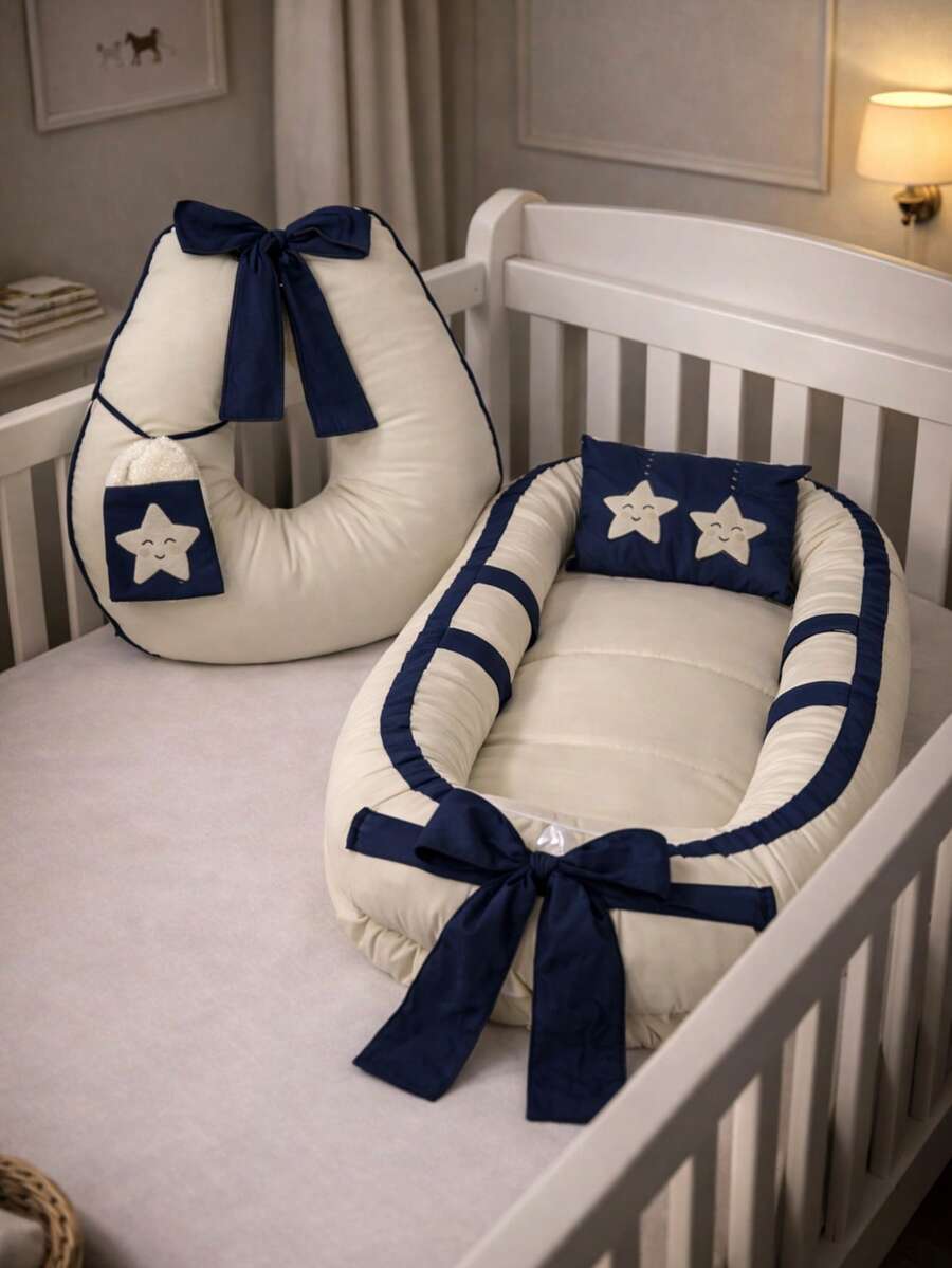 Baby Nest Kit: Reducer Pillow, Nursing Cushion, Embroidered Washcloth - MARINE - View 1