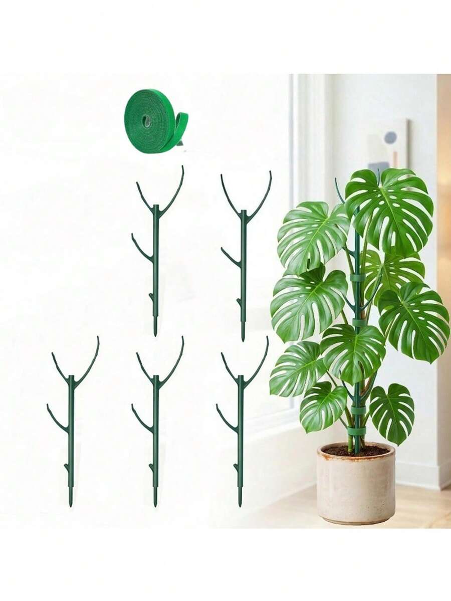 6件套蒙特拉植物支撑架，包含5根支撑杆和1卷绑带，可堆叠的高杆带绑带，专为攀援植物茎干设计，耐用的棚架式花园支撑架，适合户外园艺。
