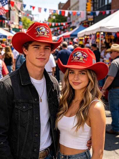 Mũ cao bồi bằng polyester thêu hình quốc kỳ và đại bàng, kiểu dáng unisex, phù hợp cho Ngày Độc lập và mọi mùa.