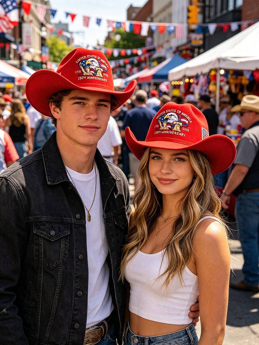 Mũ cao bồi bằng polyester thêu hình quốc kỳ và đại bàng, kiểu dáng unisex, phù hợp cho Ngày Độc lập và mọi mùa. - A - Xem 1