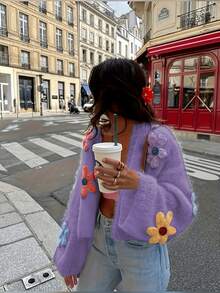 Plus Size 2026 Autumn/Winter Soft Wool Knit Sweater, Slouchy Cardigan With Colorful Floral Embroidery - Purple - View 1