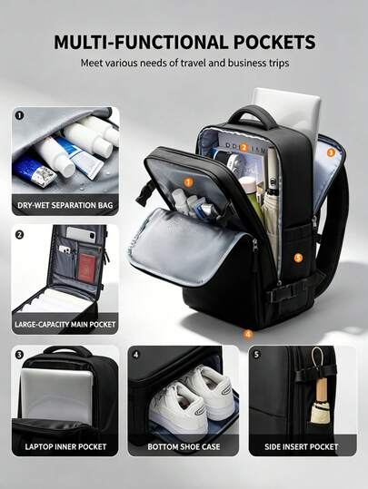 Ba lô du lịch chống thấm nước dung tích lớn, ba lô đựng laptop công sở tiện dụng phù hợp với máy tính xách tay 15.6 inch, có dây đeo hành lý, ba lô du lịch unisex được hãng hàng không chấp thuận, có ngăn đựng giày riêng biệt, lý tưởng cho các hoạt động ngoài trời như leo núi, cắm trại, đi làm, học tập.