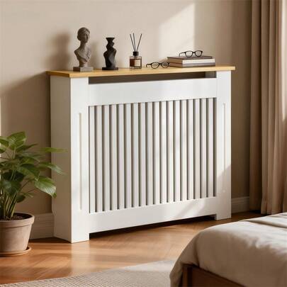 UNHO Modern Slatted Vertical White Radiator Cover With MDF Wood-Grain Top, Wood Grill Shelf Radiator Cover For Bedrooms, For Optimal Heat Circulation