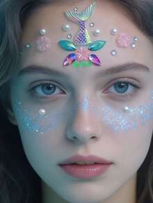 1pc Mermaid Tail Holographic Face Jewel Sticker, Laser Fish Scale Pearl Sakura Design, Waterproof Long-Lasting Bindi, Decor For Beach Vacation/Music Festival Makeup, Dreamy Mermaid Style Face Gems,Concert Look,Rhinestone Face Sticker - Multicolor - View 5