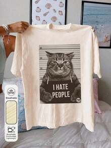 Camisas De Mujer Camiseta Casual De Manga Corta Con Cuello Redondo Y Estampado De Letra De Gato Divertido Para Mujer, Tops Casuales De Verano De Estilo Callejero Casual Y Lindo Para Mujer - Albaricoque - Ver 5