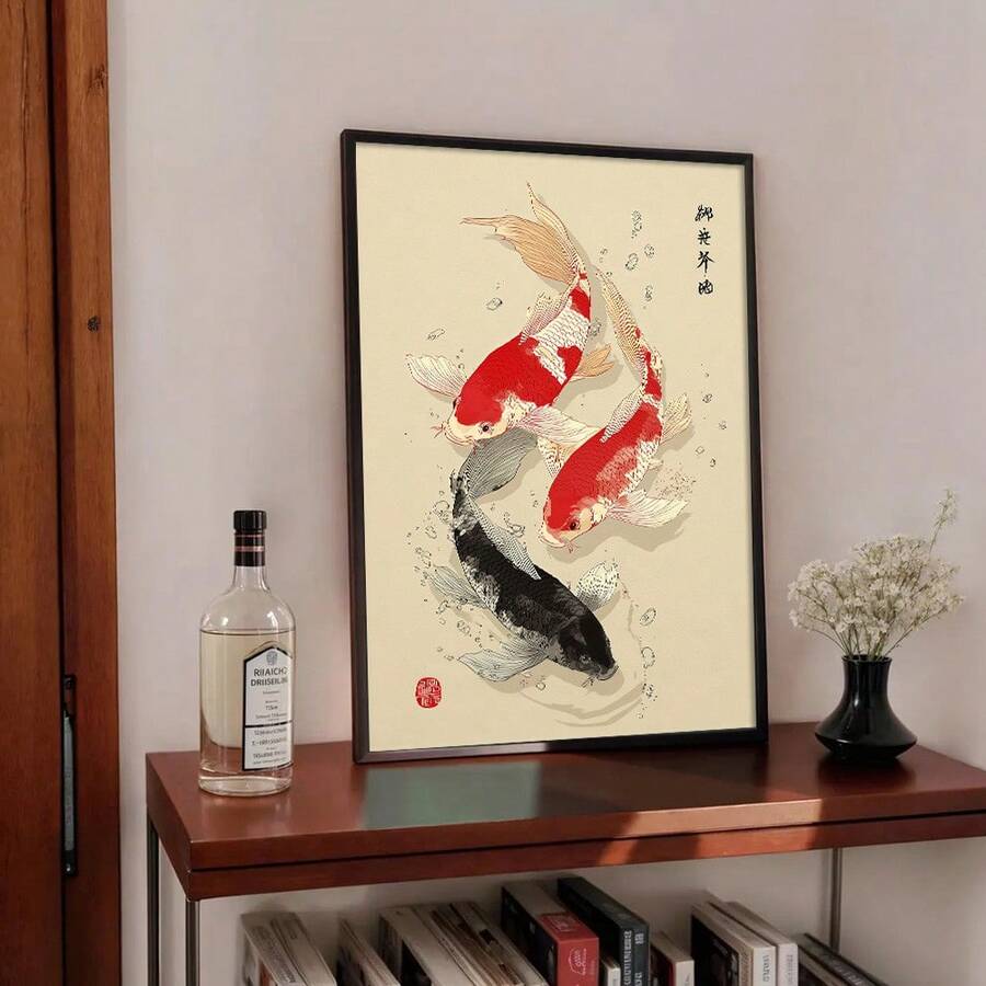 1幅装裱/未装裱复古黑红锦鲤日式艺术帆布海报，抽象禅意日式墙面艺术印刷品，简约风格，玄关走廊美学装饰，复古侘寂绘画，适用于客厅、卧室、现代家居装饰