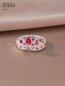 1 chiếc nhẫn hở điều chỉnh được hình vương miện và giọt nước đính đá ruby đỏ, thiết kế vương miện cao cấp, tôn dáng bàn tay, thích hợp cho đi làm, hẹn hò, dự tiệc, du lịch, đám cưới và các dịp khác. - vương miện - Xem 4