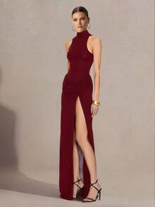 Solid Color Elegant Ruffled Hem Zipper Maxi Dress, Beach Wear - Burgundy - View 2