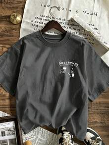 2026 Cartoon Puppy & Red Wine Graphic Print Crew Neck Short Sleeve T-Shirt. New Minimalist Women's T-Shirt With A Cute Pattern, Casual Holiday Style, Relaxed Fit, Crew Neck And Short Sleeves. - 黑暗的 - 查看 6