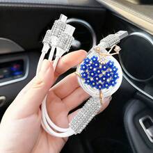 閃亮水鑽車用充電器，鑽石三合一可伸縮充電線，USB快速充電線，可愛女性風格，適用於、行車記錄器、GPS，適合節日/生日禮物 - 彩色 - 查看 58