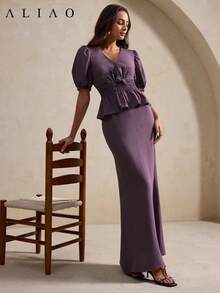 ALIAO Summer Elegant Purple Twisted Waist Ruffle Faux Linen Textured Top And Fishtail Skirt 2-Piece Set, Office Commute Casual Outfit - Purple - View 6