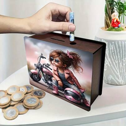 1个手工木制摩托车女孩主题存钱罐，舒适的烛光巢穴设计，深棕色可重复使用储钱盒，适合家居和办公室装饰