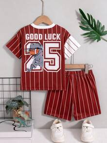 2pcs/Set Boys' Casual Striped Random Print Decor Drop Shoulder Short Sleeve Top And Elastic Waist Shorts, Spring/Summer - Burgundy - View 2