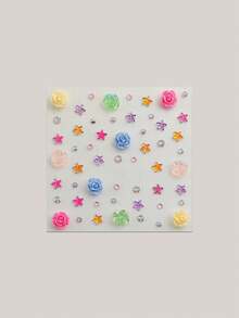 1pc Macaron Rose Starry Face Decorative Rhinestone Sticker, Colorful Soft Gel Rose + Holographic Star Rhinestone Design, Waterproof & Long-Lasting, Suitable For Hanfu, Sweet Girl, Music Festival Makeup,Concert Look,Face Gems,Rhinestone Face Sticker - Multicolor - View 12