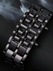 2pcs/Set Fashionable New Business Men's Stainless Steel Band LED Electronic Watch, Suitable For Daily Decoration - Black - View 2