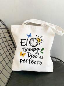 Juego de bolso de mano con cuerda | Bolso de lona con estampado de letras "El-Tiempo" | Bolso de mano, bolso de hombro, bolso multifuncional de almacenamiento - Multicolor - Ver 6