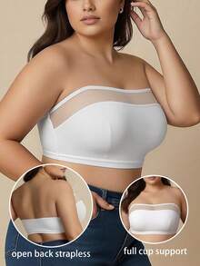 Plus Size Women's Comfortable Strapless Wireless Mesh Bra, Curve Design Seamless Vacation Bra, One-Piece Camisole Underwear - White - View 4